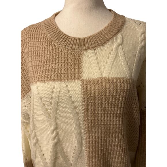 Hem & Thread Boutique Knit Sweater Tan and Cream Size Large Color Block NWT - Picture 3 of 7